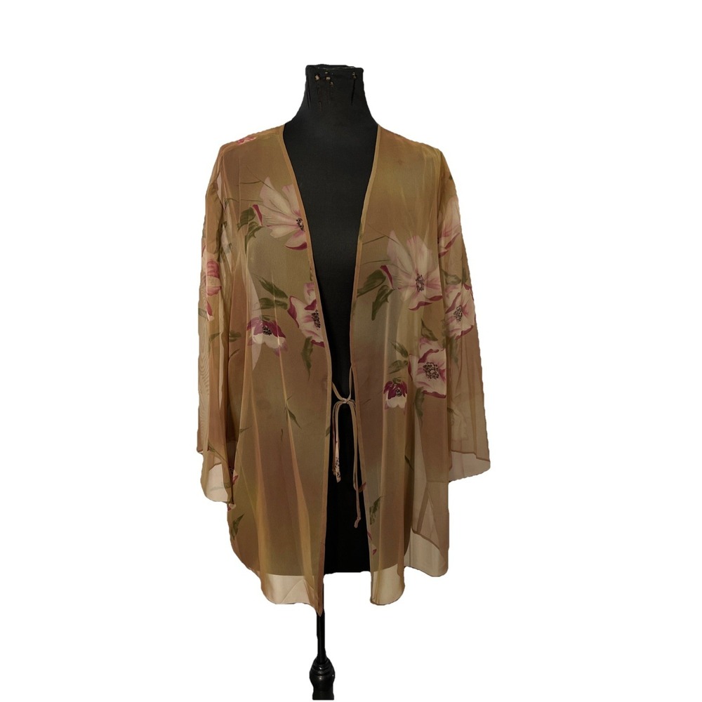 Avenue‎ Plus 24 Sheer Floral Summer  3/4 Sleeve Tie Front Cardigan Multicolor